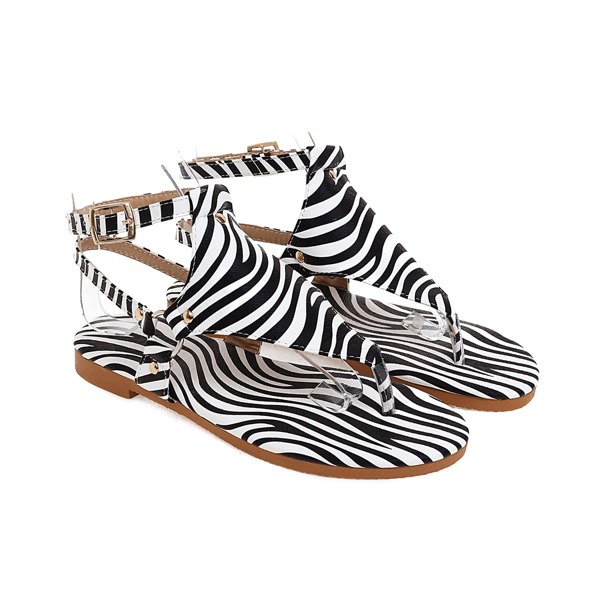 

Zebra Striped Pattern Slingback Thong Sandals, Black and white