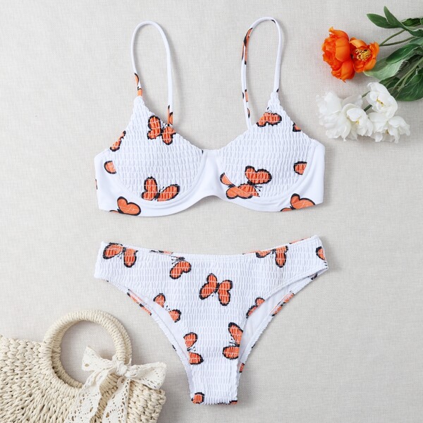 

Butterfly Print Smocked Underwire Bikini Swimsuit, Multicolor