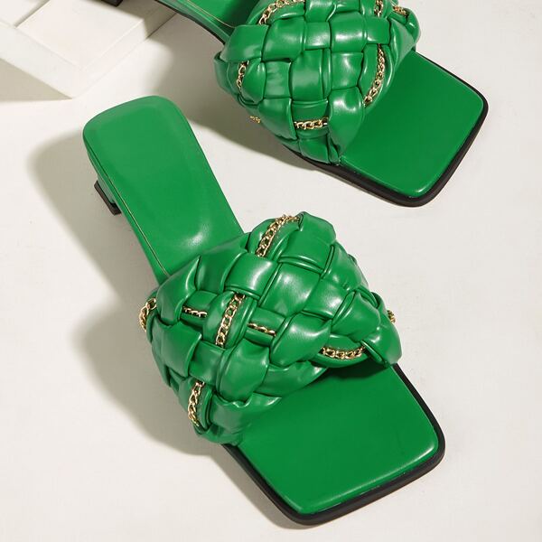 

Chain Decor Braided Design Sandal Mules, Green
