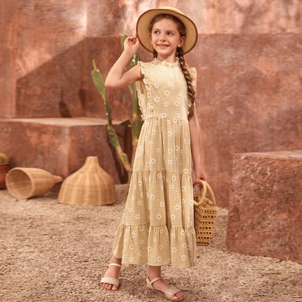 

Girls Mock Neck Floral & Gingham Print Dress, Multicolor