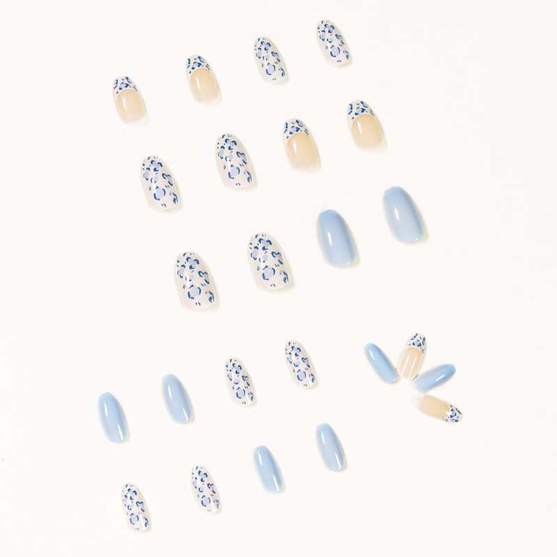 

24pcs Graphic Fake Nail, Dusty blue