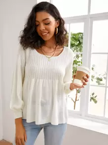 Solid Scoop Neck Babydoll Jumper - White - View 1