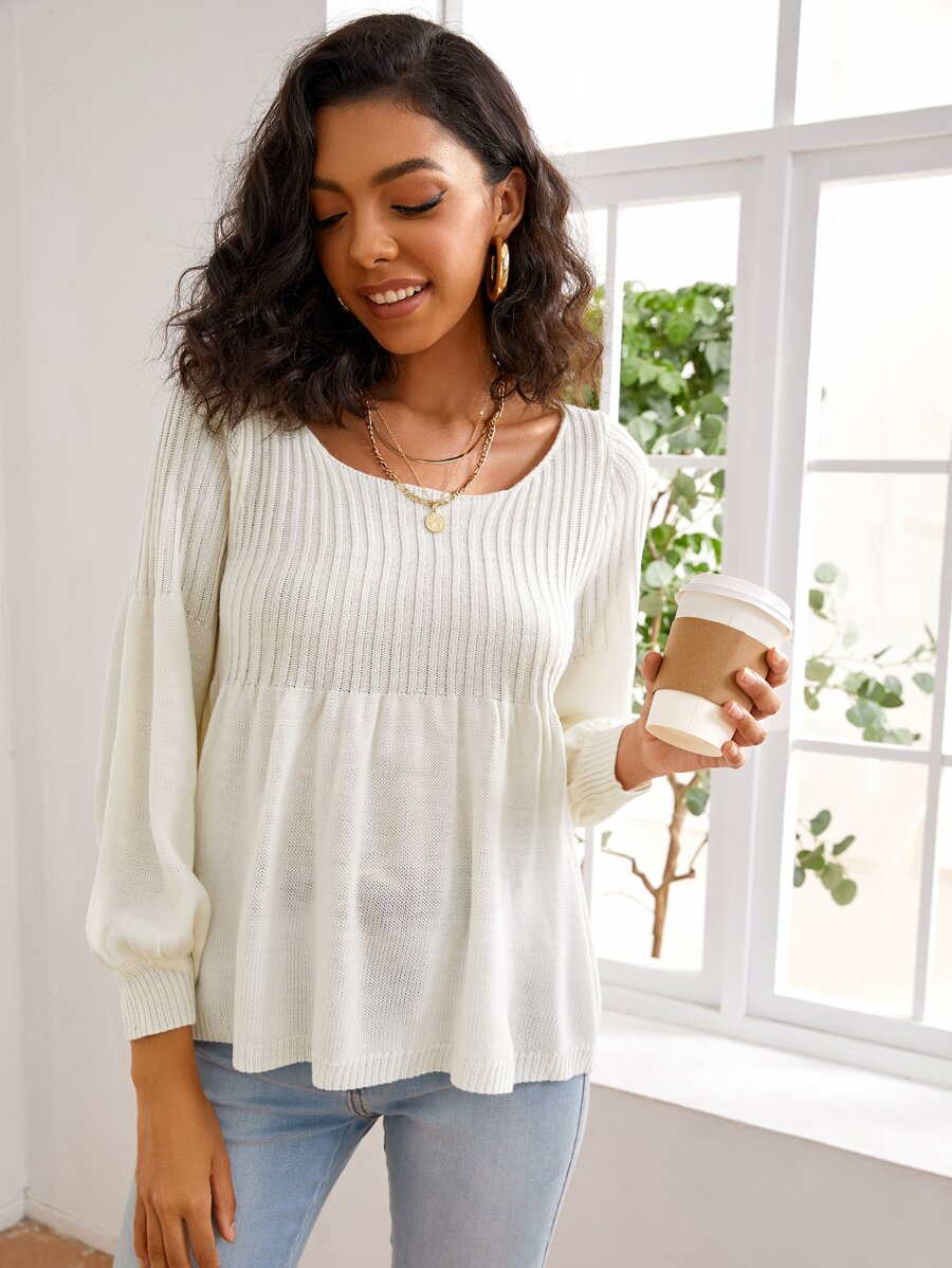 Solid Scoop Neck Babydoll Jumper - White - View 1