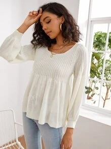 Solid Scoop Neck Babydoll Jumper - White - View 4