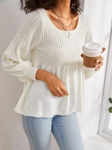 Solid Scoop Neck Babydoll Jumper - White - View 5