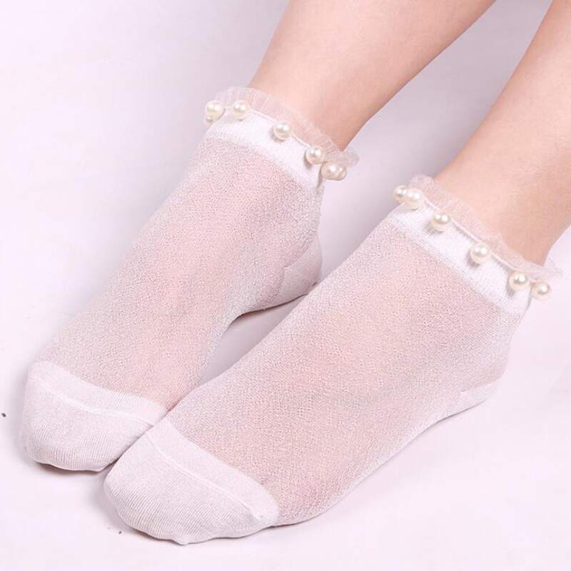

Faux Pearl Decor Ankle Socks, White