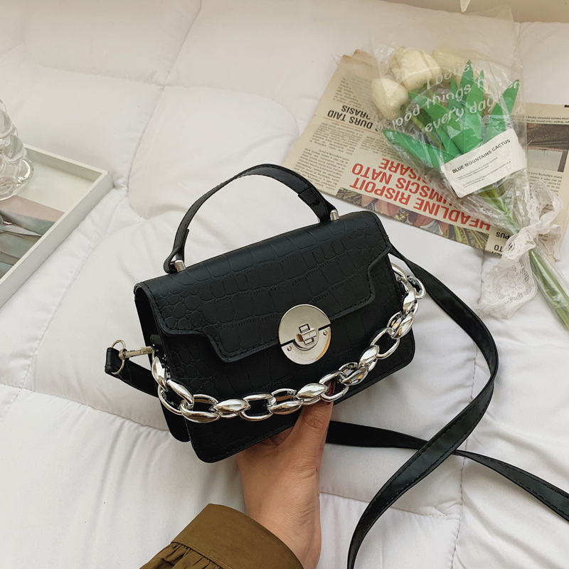 

Metal Lock Croc Embossed Satchel Bag, Black