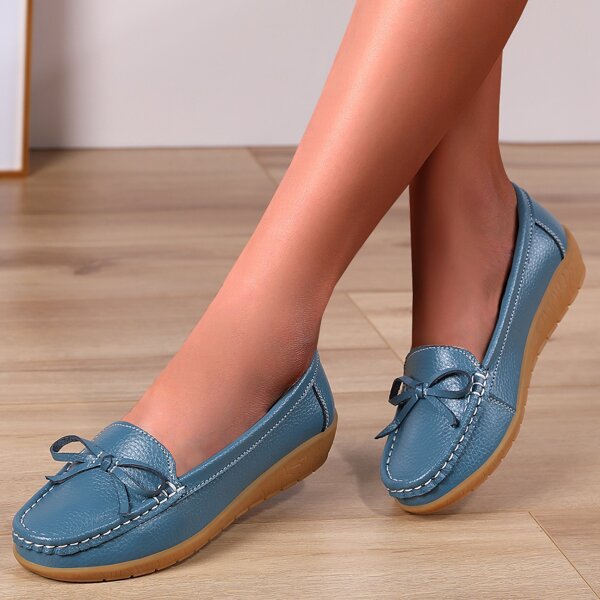 

Bow Decor Slip On Leather Loafers, Teal blue