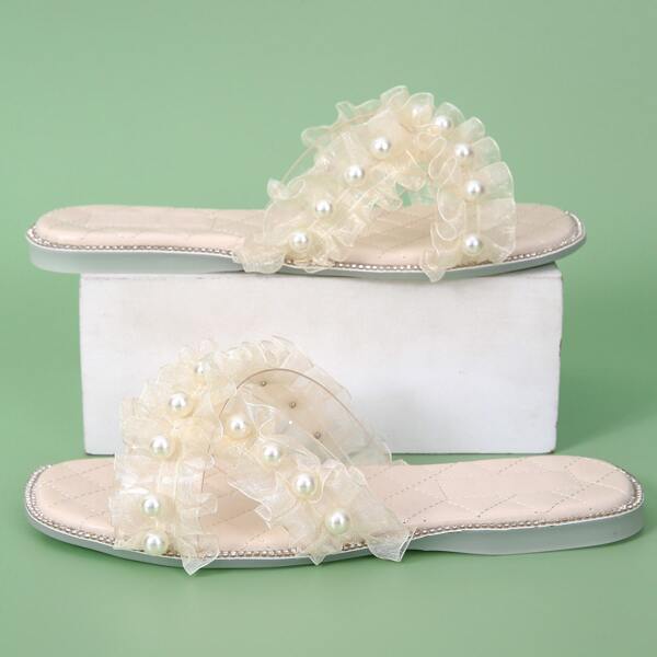 

Faux Pearl & Ruffle Decor Slide Sandals, Beige