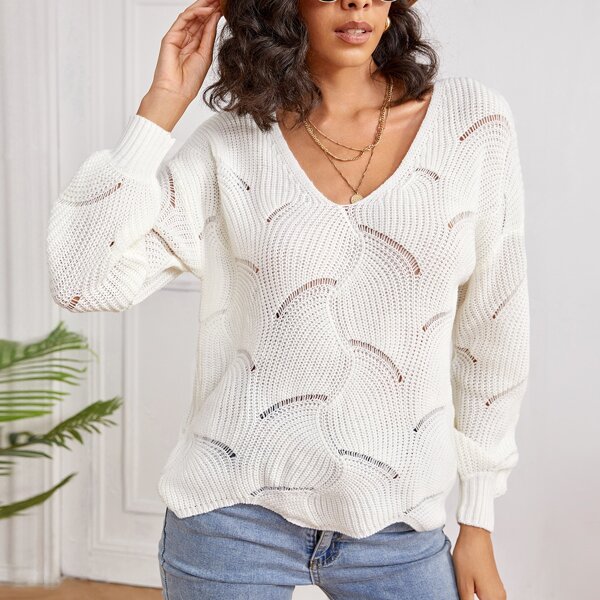 

Solid Ribbed Knit Drop Shoulder Sweater, White