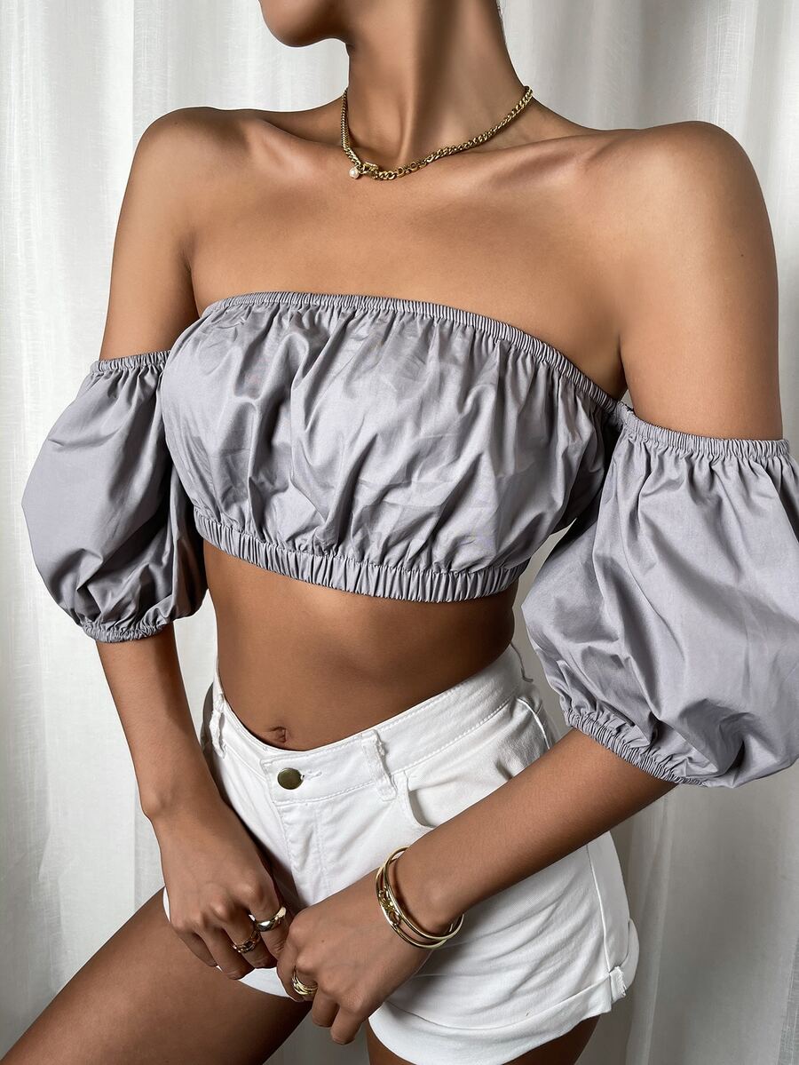 露肩抽褶短版上衣 - 灰色 - 查看 1