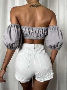 露肩抽褶短版上衣 - 灰色 - 查看 2