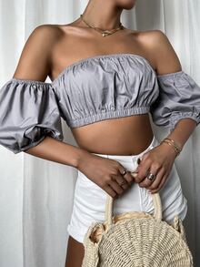 露肩抽褶短版上衣 - 灰色 - 查看 3