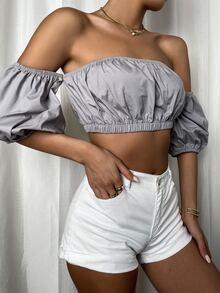 露肩抽褶短版上衣 - 灰色 - 查看 4