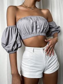 露肩抽褶短版上衣 - 灰色 - 查看 5