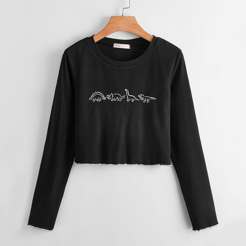 

Cartoon Dinosaur Graphic Ribbed Tee, Black