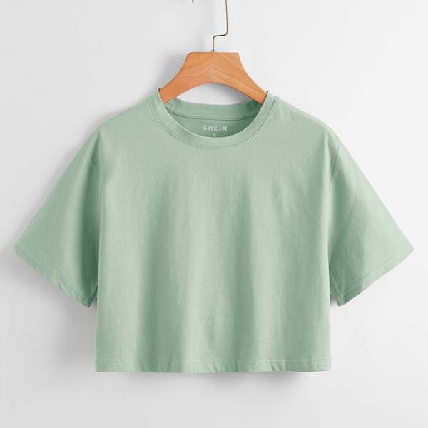 

Solid Round Neck Crop Tee, Green