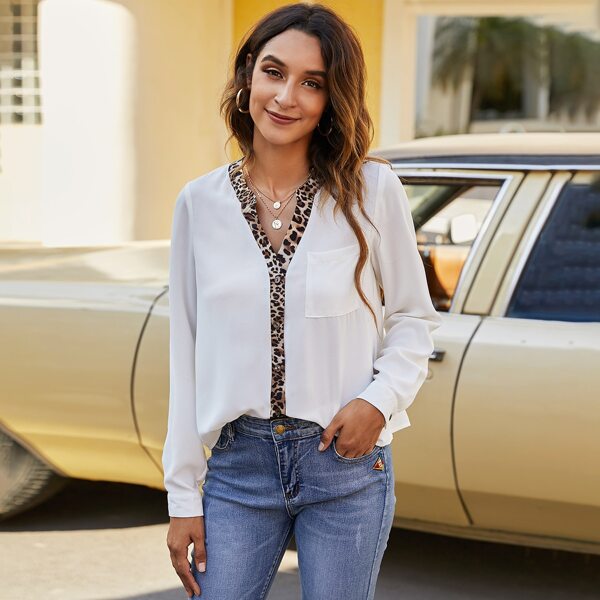 

Contrast Leopard Print Button Front Blouse, White