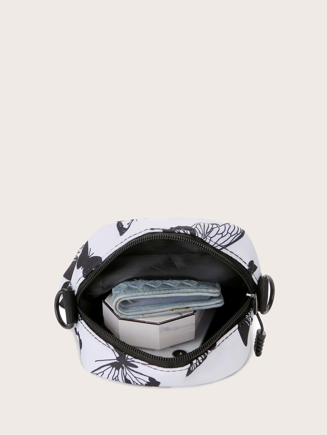 Bolso bandolera con estampado de mariposa - Blanco y Negro - Añade 3