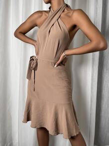 Vestido Cinta Liso Sexy - Marrón Mocha - Ver 5