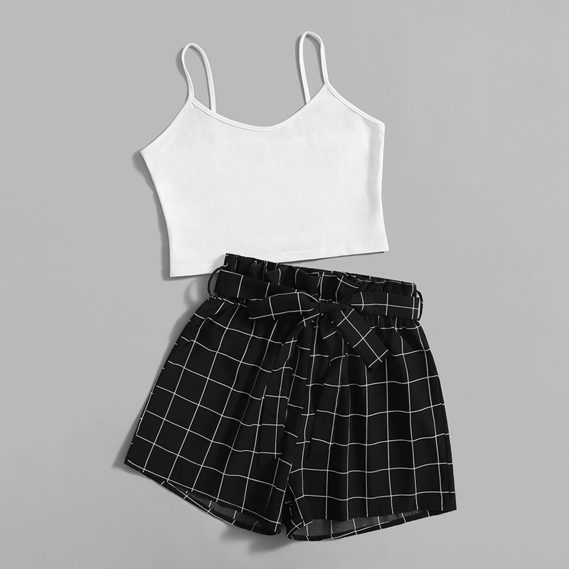 

Solid Crop Cami & Plaid Belted Shorts, Black and white