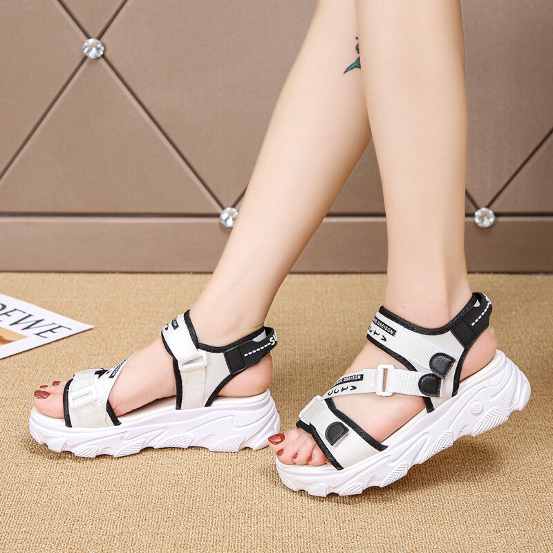 

Letter Velcro Strap Sport Sandals, Black and white