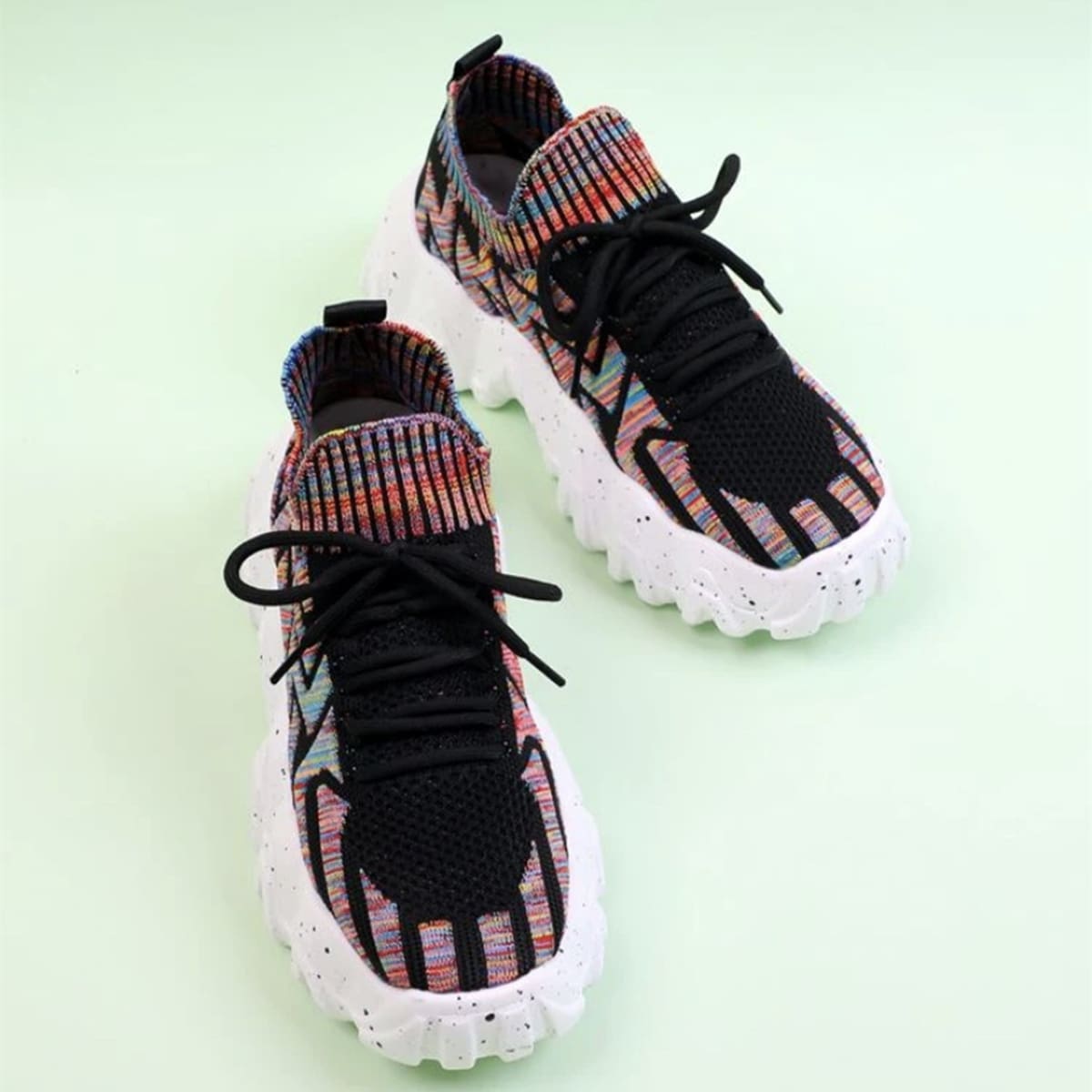 

Chevron Lace Up Decor Knit Chunky Sneakers, Multicolor