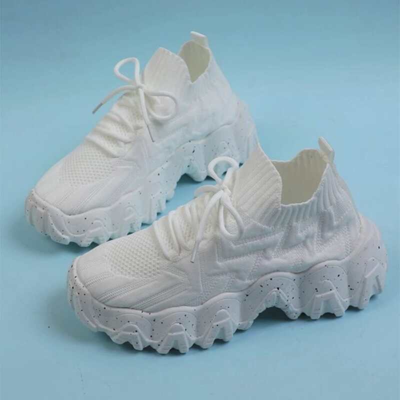 

Minimalist Lace Up Decor Knit Chunky Sneakers, White