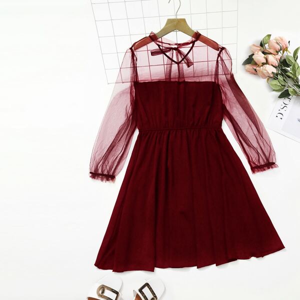 

Plus Contrast Mesh Tie Neck A-line Dress, Burgundy