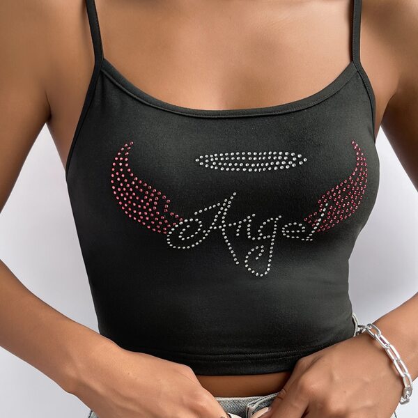 

Letter Rhinestone Print Cami Dress, Black