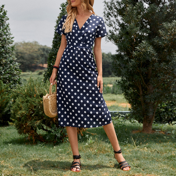 

Surplice Front Polka Dot Dress, Navy blue