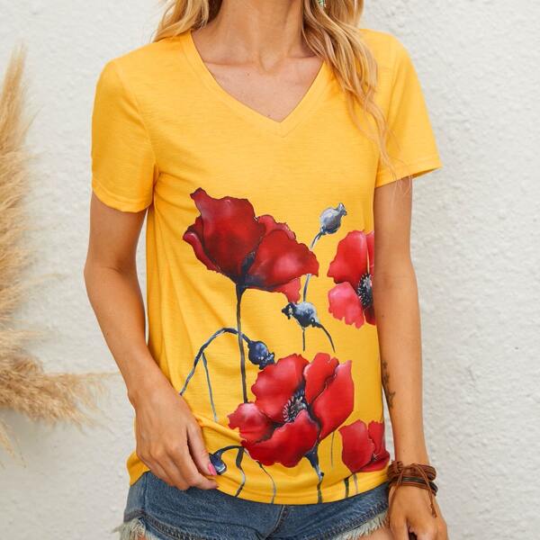 

Big Floral V Neck Tee, Yellow