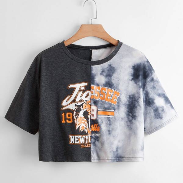 

Plus Tie Dye & Letter Graphic Spliced Tee, Multicolor