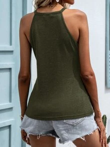 Solid Rib-Knit Halter Top - Army Green - View 2