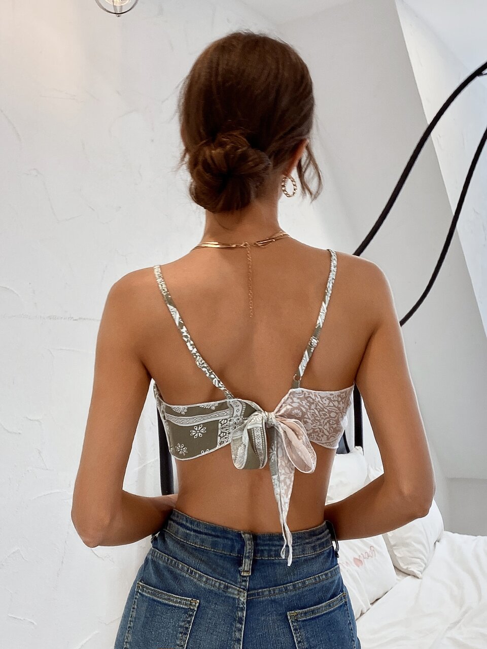 Paisley Print Colorblock Tie Backless Crop Cami Top