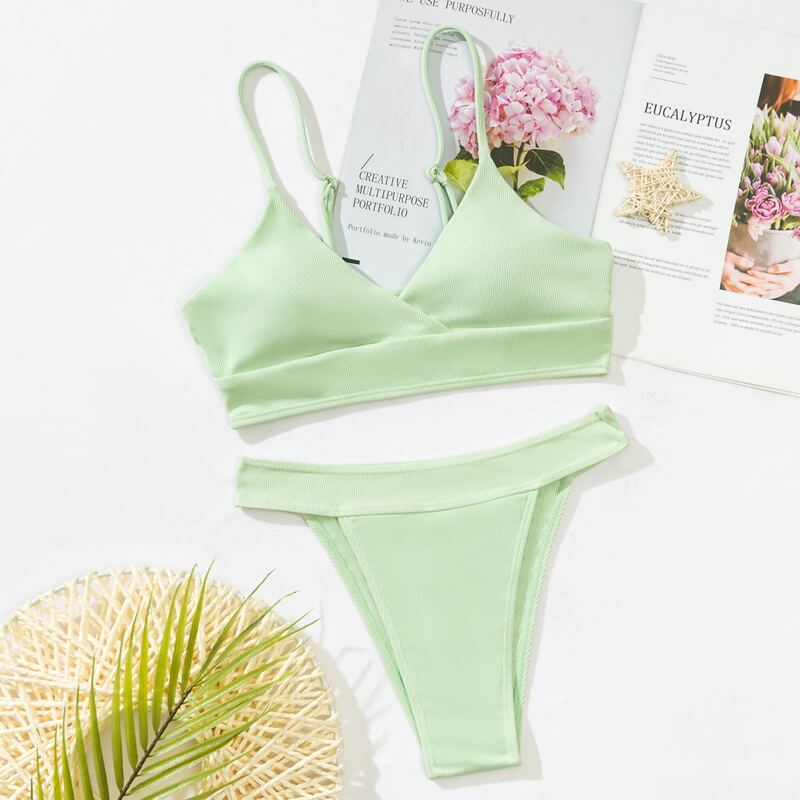 

Rib High Cut Bikini Swimsuit, Mint green