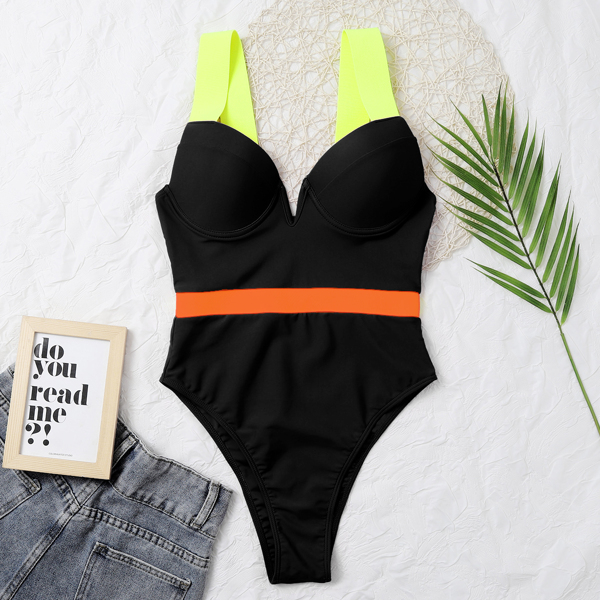 

V Wired Push Up One Piece Swimsuit, Black