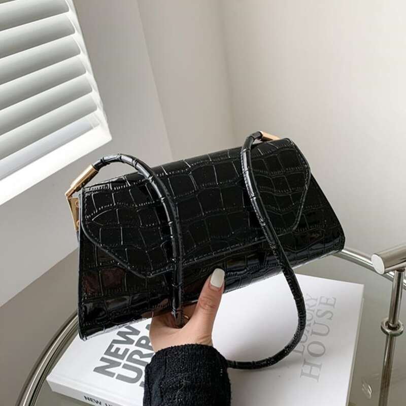 

Croc Embossed Flap Shoulder Bag, Black