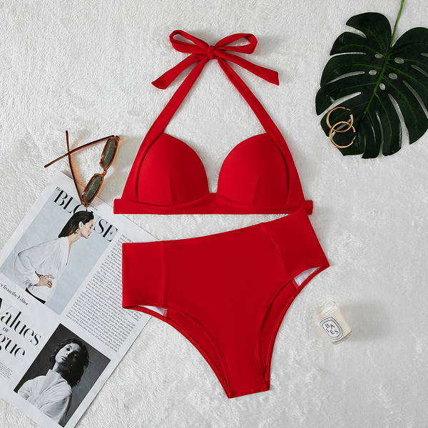 

Halter Push Up High Waisted Bikini Swimsuit, Red