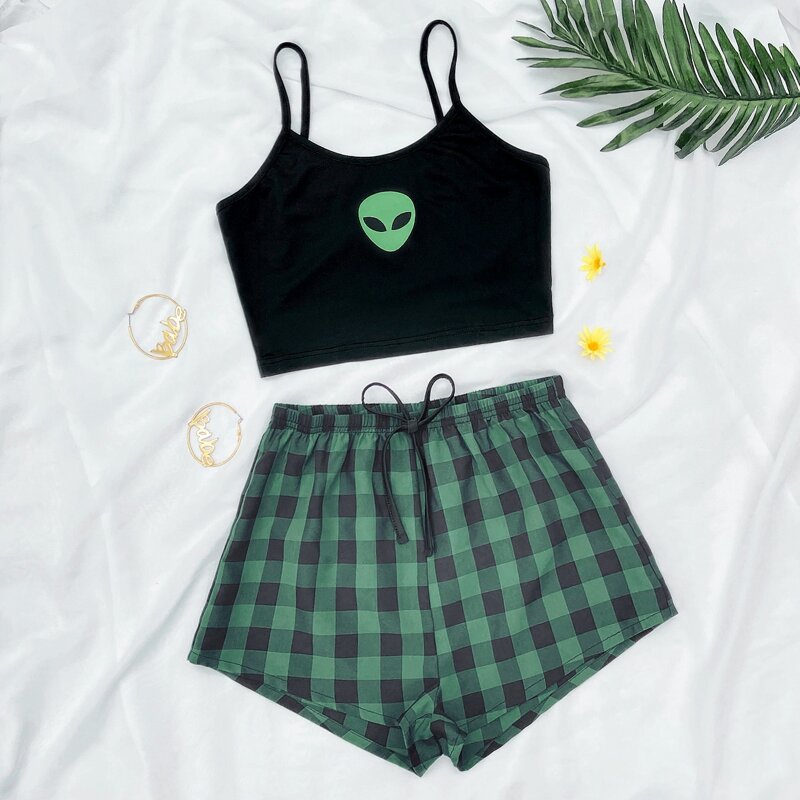 

Alien And Gingham Print Bow Front Pajama Set, Multicolor