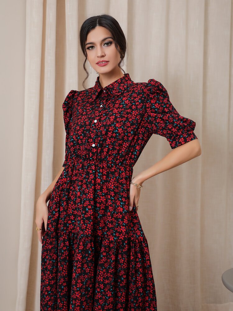 Modelyn Ditsy Floral Puff Sleeve Shirt Dress - Multicolor - View 7