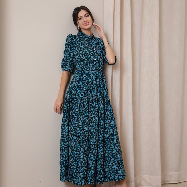

Ditsy Floral Puff Sleeve Shirt Dress, Multicolor
