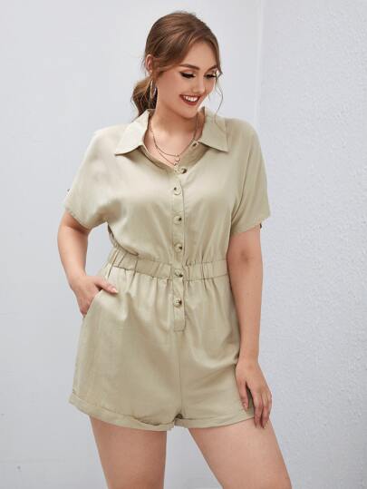 رومبير قميص بازرار امامي بلون موحد مقاس كبير