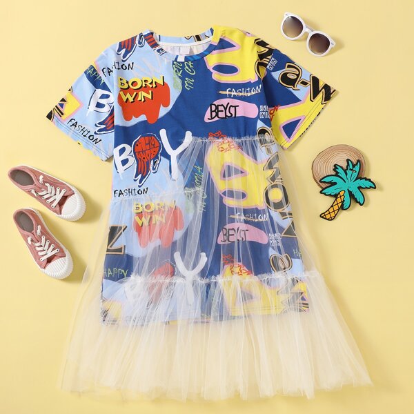 

Girls Letter Graphic Mesh Overlay Tee Dress, Multicolor