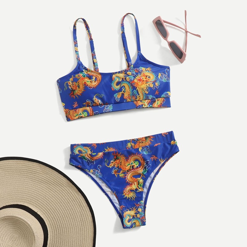 

Chinese Dragon Print Bikini Swimsuit, Blue