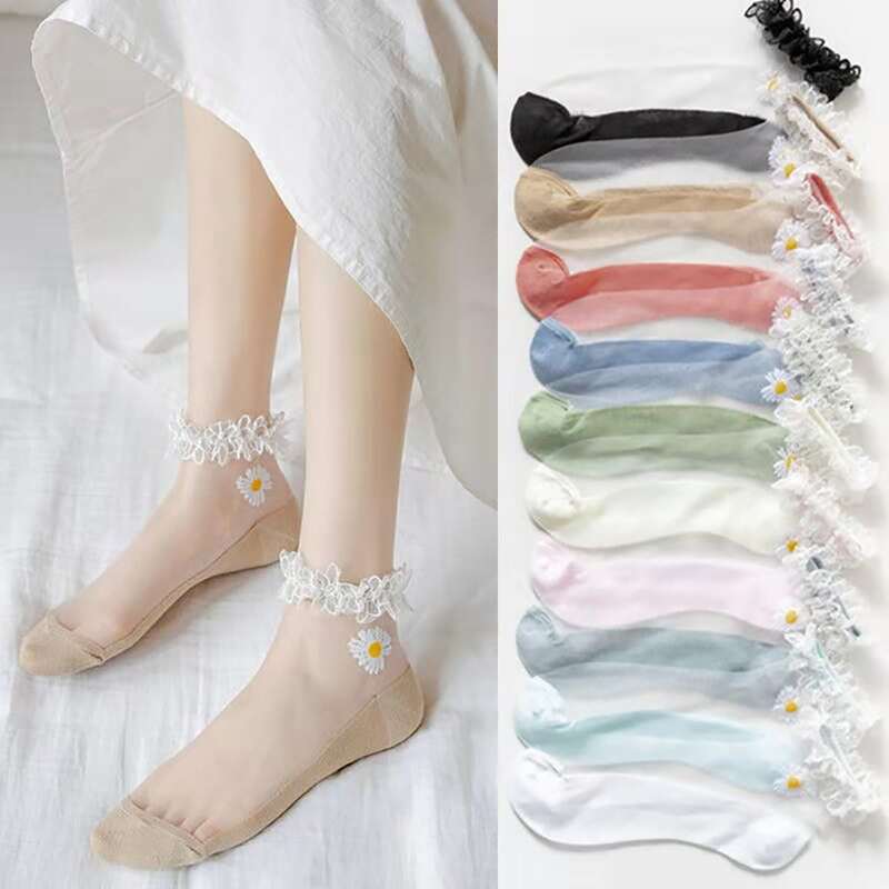 

10pairs Daisy Trim Mesh Socks, Multicolor