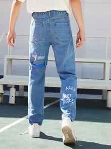 男士字母圖案直筒牛仔褲 - 中等水洗藍 - 查看 2