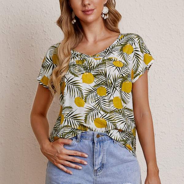 

Lemon Print Keyhole Back Blouse, Multicolor