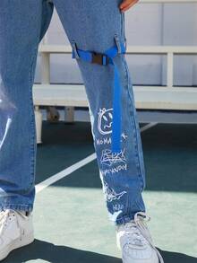 男士字母圖案直筒牛仔褲 - 中等水洗藍 - 查看 5