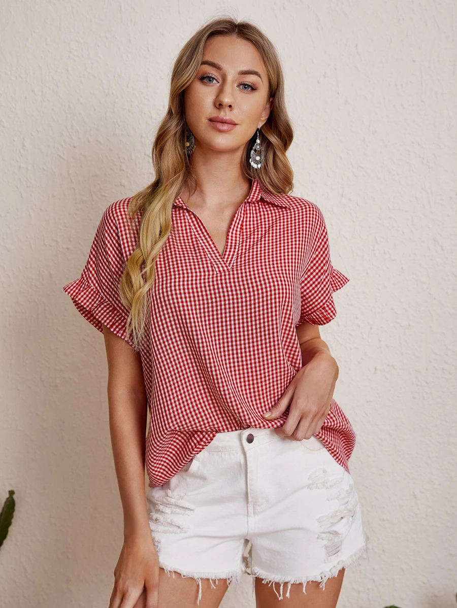 SHEIN VCAY Blusa de cuello notch de guingán - Rojo - Ver 1